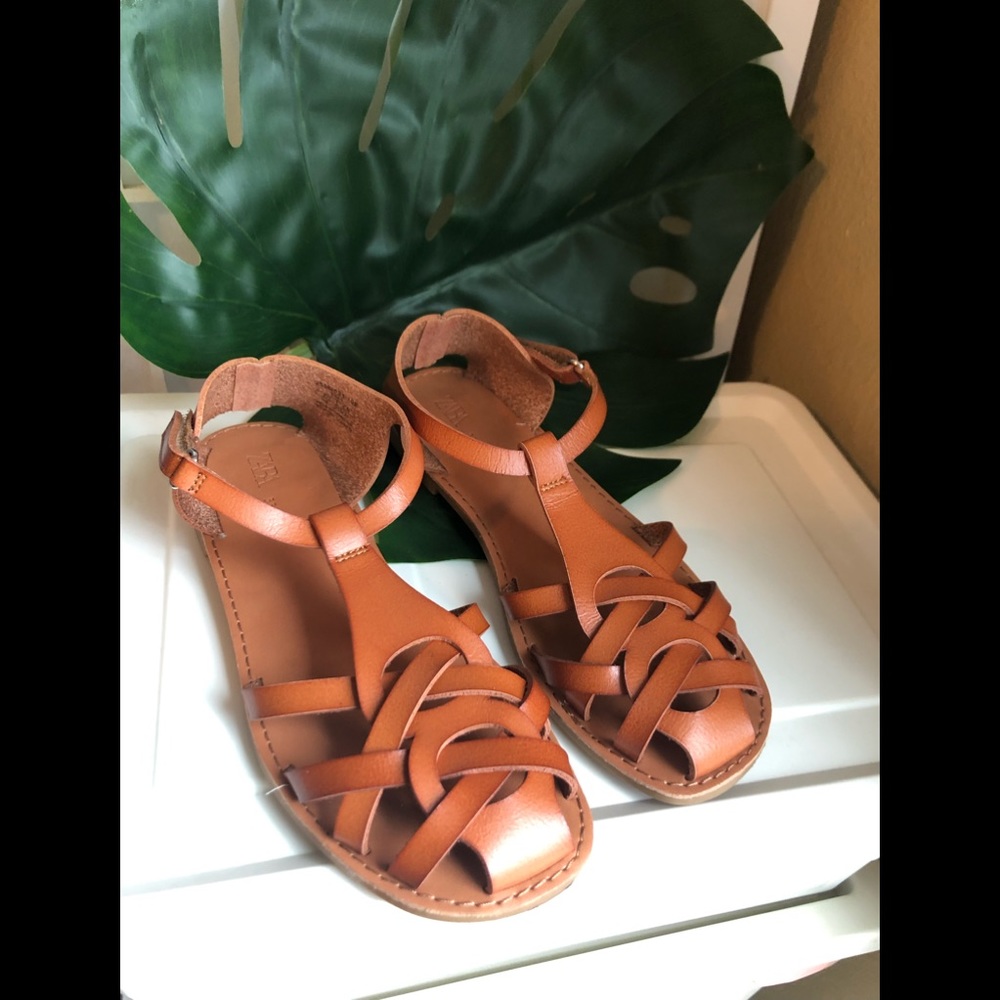 🟠 ZARA Brown Cognac Girls CHAUSSURES Shoes Size 2 US 33 EU leather Sandals 🟠